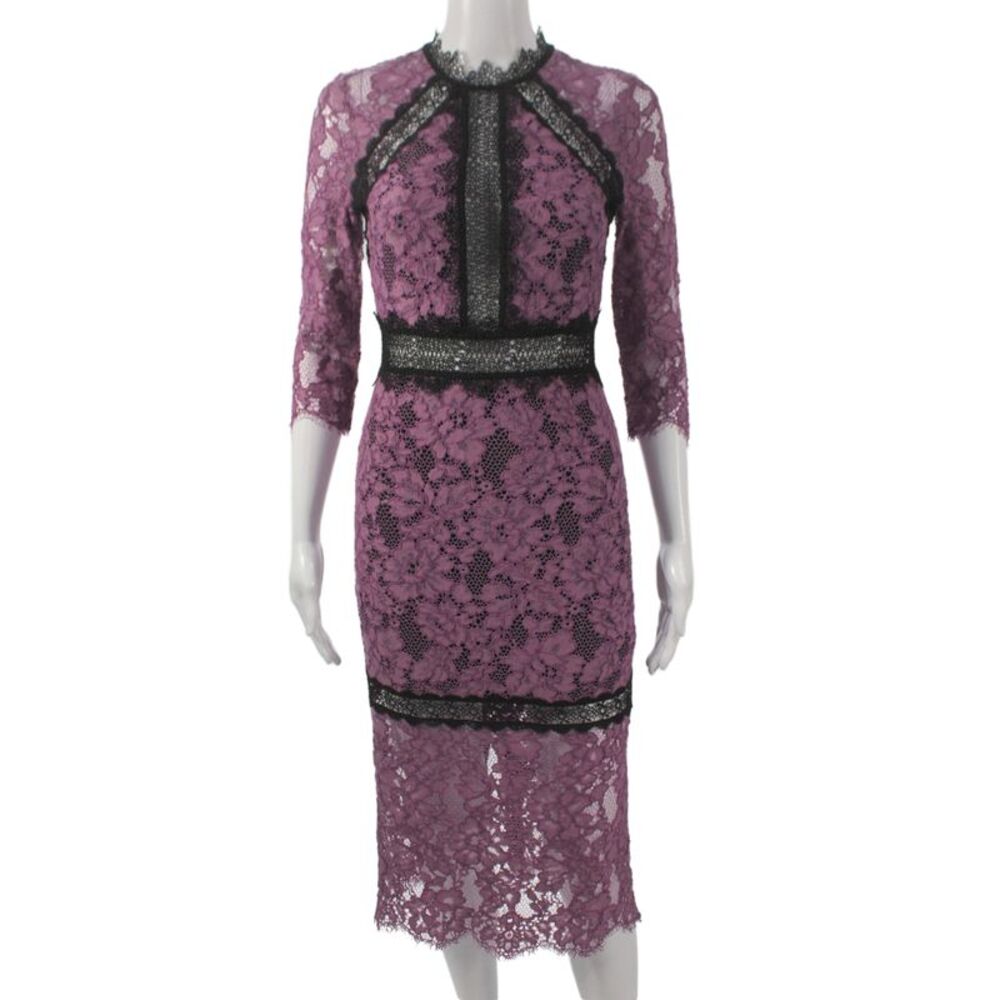 Alexis Women Sheath Dress Purple Floral High Neck 3/4 Sleeve Mid-Calf Size XS